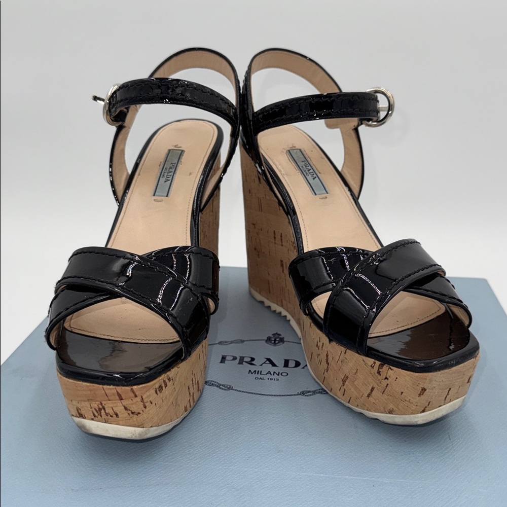 Prada Patent leather Cork Wedge Sandals